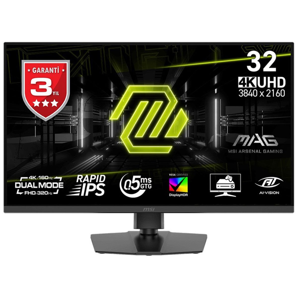 MSI MAG 322URDF E16 31.5 inç 160Hz 4K UHD 0.5ms 320Hz Full HD Dual Mode Adaptive Sync Rapid IPS Pivot Gaming Monitör