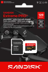 SANDISK Extreme PRO 128GB 250/120MB/s microSDXC UHS-I A2 V30 5K/4K Kamera Drone Hafıza Kartı SDSQXCJ-128G-GS6MA
