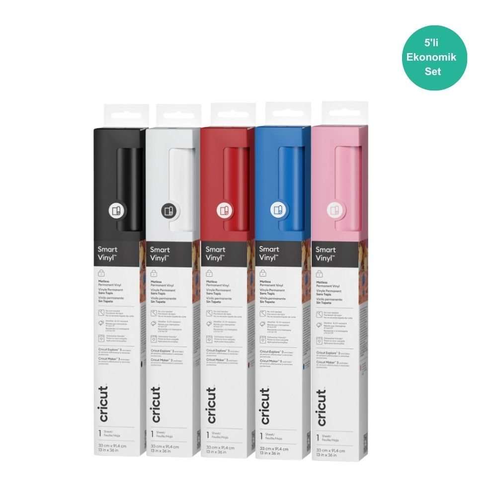 Cricut Smart Kalıcı Vinil Folyo Klasik Renkler 5’li Set (Beyaz, Siyah, Kırmızı, Mavi, Pembe)