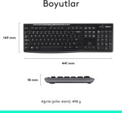 Logitech MK270 Kablosuz USB Alıcılı Türkçe Q Klavye Mouse Seti - Siyah 920-004525