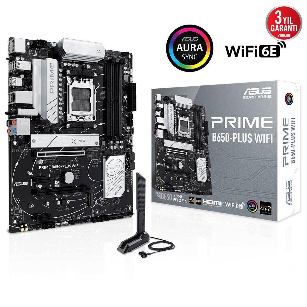 Asus PRIME B650-PLUS WIFI AMD B650 AM5 DDR5 7600 DP HDMI 2x M.2 USB 3.2 AX WiFi BT Aura RGB 192GB RAM Desteği Anakart 90MB1KP0-M0EAY0