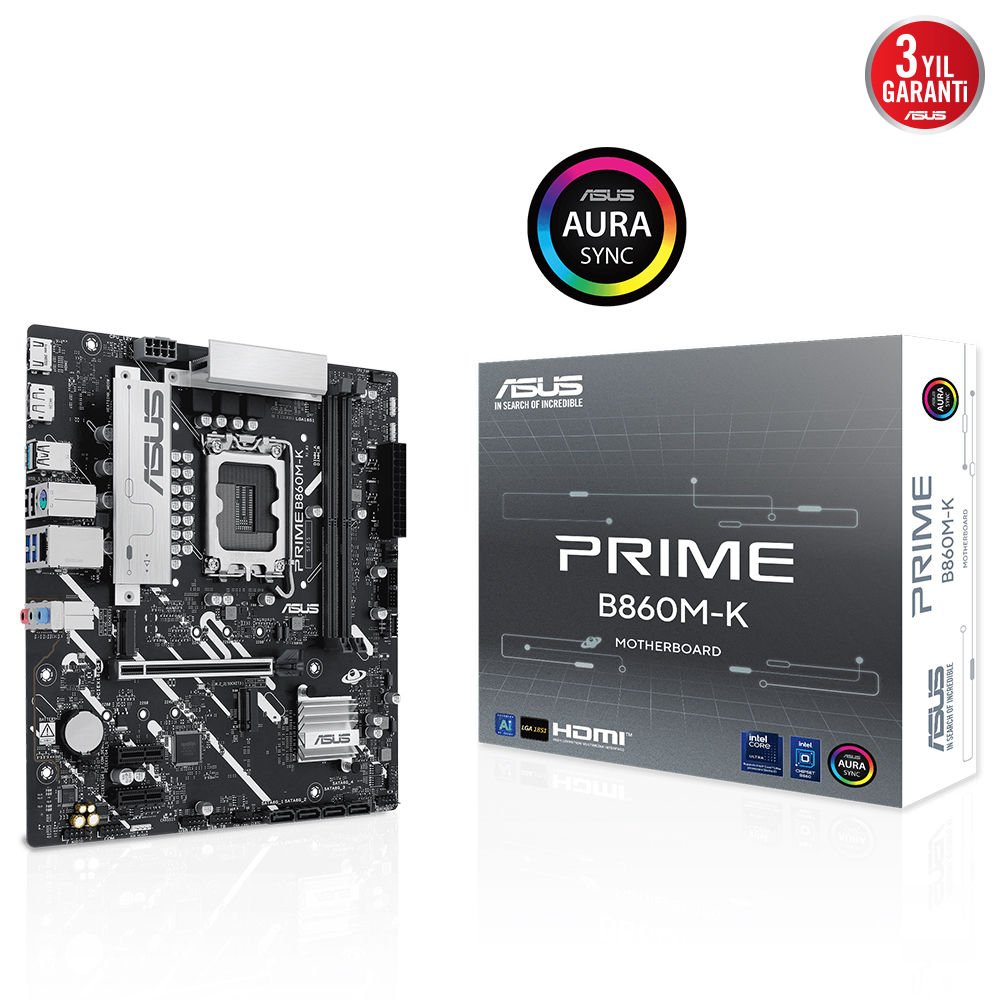 Asus PRIME B860M-K DDR5 8800MHz USB 3.2 2.5G LAN AURA RGB 1xGen5 M.2 mATX Anakart 90MB1JT0-M0EAY0