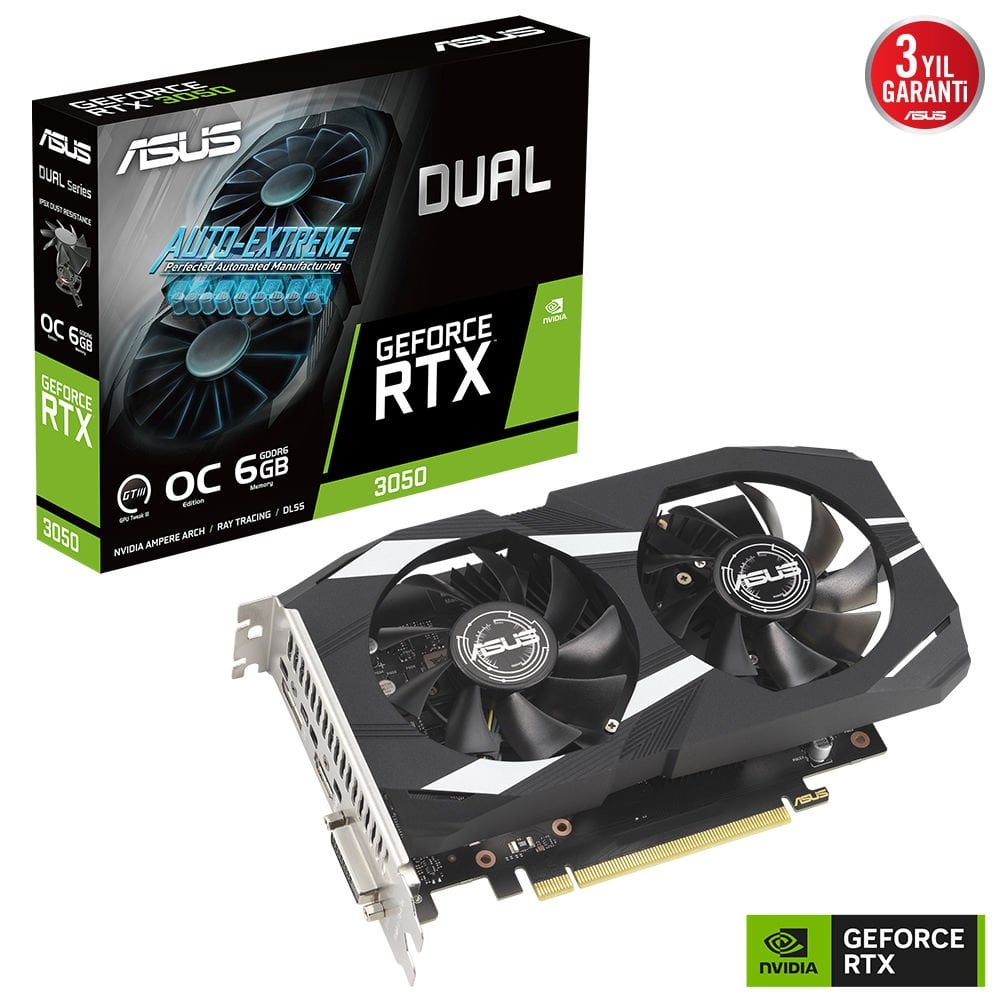 Asus Dual GeForce RTX 3050 6GB GDDR6 96bit DVI HDMI DP OC Ekran Kartı 90YV0K60-M0NA00