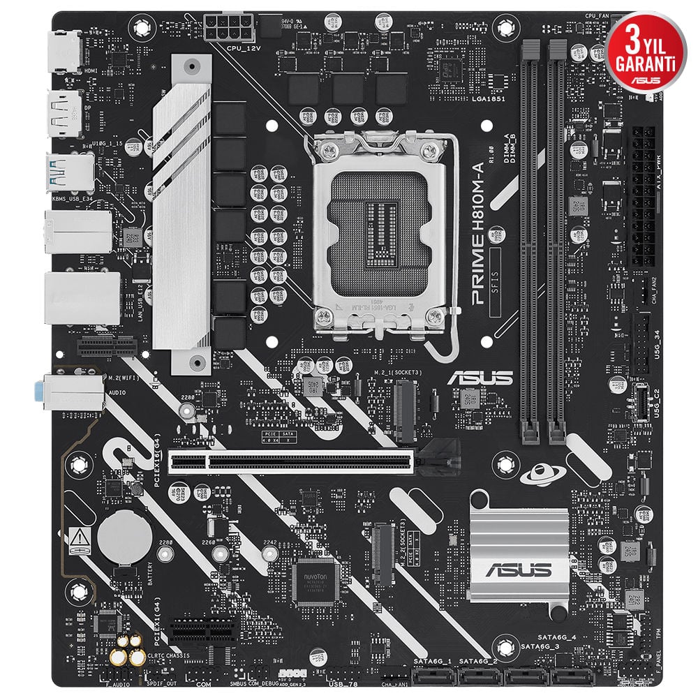 Asus PRIME H810M-A CSM Intel H810, LGA1851, DDR5 6400, DP, HDMI, Çift M.2, USB 3.2, Aura RGB, mATX Anakart 90MB1KK0-M0EAYC