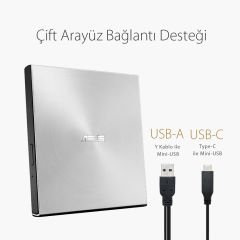 Asus ZENDRIVE-U5S SDRW-08U5S-U M-Disk Destekli Metal Kasa İnce USB Harici Optik Yazıcı Okuyucu Gümüş 90DD0112-M29000