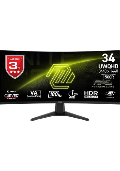 MSI 34 Mag 346CQ 3440X1440 (Uwqhd) 21:9 Curve 1500R Va 180HZ 1ms (Mprt) Freesync Premıum Gamıng Monıtor