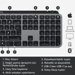 Logitech Mx Keys Mac İçin Aydınlatmalı Tam Boyutlu Kablosuz İngilizce Q Klavye - Siyah 920-009558